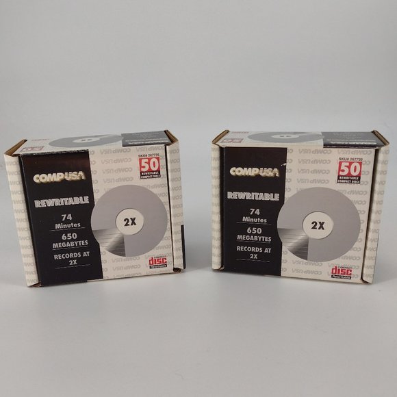 100! New Sealed 2X Rewritable CDs 74 Minutes 650 Megabytes CompUSA SKU# 267735 - Picture 1 of 6